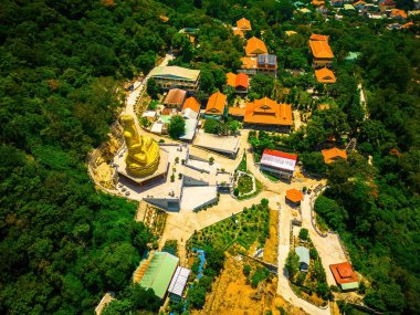 Ariel view Golden Buddha statue's hand holding lotus at Chon Khong Monastery which attracts tourists to visit spiritually on weekends in Vung Tau, Vietnam. Travel concept.