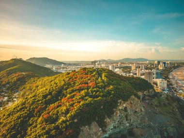 Top view of Vung Tau with statue of Jesus Christ on Mountain . the most popular local place. Christ the King, a statue of Jesus. Travel concept.