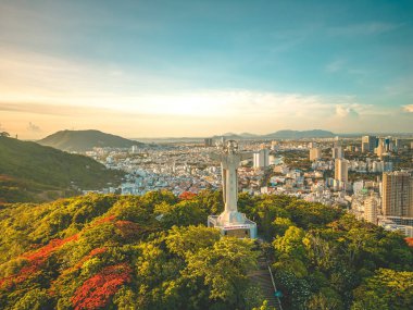 Top view of Vung Tau with statue of Jesus Christ on Mountain . the most popular local place. Christ the King, a statue of Jesus. Travel concept.