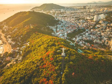 Top view of Vung Tau with statue of Jesus Christ on Mountain . the most popular local place. Christ the King, a statue of Jesus. Travel concept.