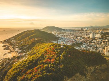 Top view of Vung Tau with statue of Jesus Christ on Mountain . the most popular local place. Christ the King, a statue of Jesus. Travel concept.