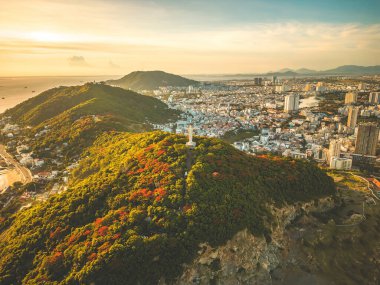 Top view of Vung Tau with statue of Jesus Christ on Mountain . the most popular local place. Christ the King, a statue of Jesus. Travel concept.