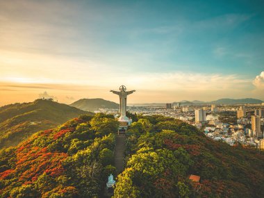 Top view of Vung Tau with statue of Jesus Christ on Mountain . the most popular local place. Christ the King, a statue of Jesus. Travel concept.