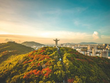 Top view of Vung Tau with statue of Jesus Christ on Mountain . the most popular local place. Christ the King, a statue of Jesus. Travel concept.