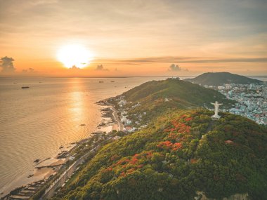Top view of Vung Tau with statue of Jesus Christ on Mountain . the most popular local place. Christ the King, a statue of Jesus. Travel concept.