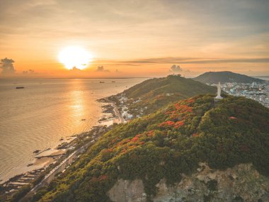 Top view of Vung Tau with statue of Jesus Christ on Mountain . the most popular local place. Christ the King, a statue of Jesus. Travel concept.