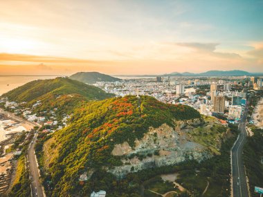 Top view of Vung Tau with statue of Jesus Christ on Mountain . the most popular local place. Christ the King, a statue of Jesus. Travel concept.