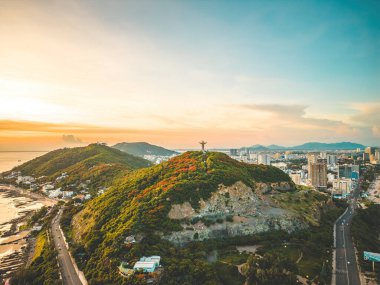 Top view of Vung Tau with statue of Jesus Christ on Mountain . the most popular local place. Christ the King, a statue of Jesus. Travel concept.