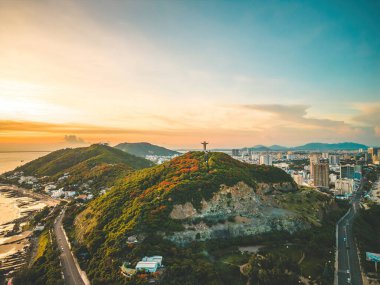 Top view of Vung Tau with statue of Jesus Christ on Mountain . the most popular local place. Christ the King, a statue of Jesus. Travel concept.