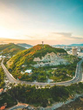 Top view of Vung Tau with statue of Jesus Christ on Mountain . the most popular local place. Christ the King, a statue of Jesus. Travel concept.