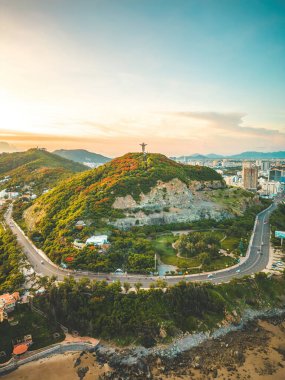 Top view of Vung Tau with statue of Jesus Christ on Mountain . the most popular local place. Christ the King, a statue of Jesus. Travel concept.
