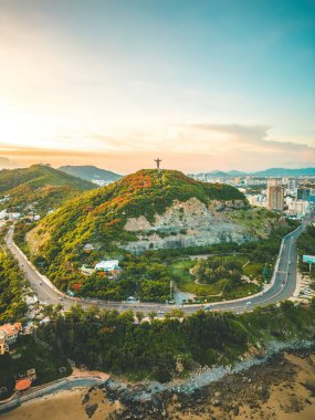 Top view of Vung Tau with statue of Jesus Christ on Mountain . the most popular local place. Christ the King, a statue of Jesus. Travel concept.