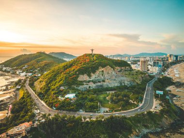 Top view of Vung Tau with statue of Jesus Christ on Mountain . the most popular local place. Christ the King, a statue of Jesus. Travel concept.