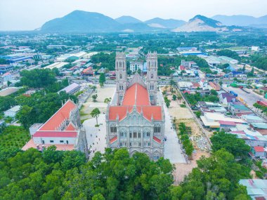 Top view of Song Vinh Church, also known as Parish Song, which attracts tourists to visit spiritually on weekends in Vung Tau, Vietnam. Song Vinh Church have construction building look like France