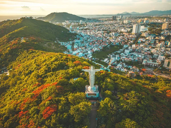 Top view of Vung Tau with statue of Jesus Christ on Mountain . the most popular local place. Christ the King, a statue of Jesus. Travel concept.