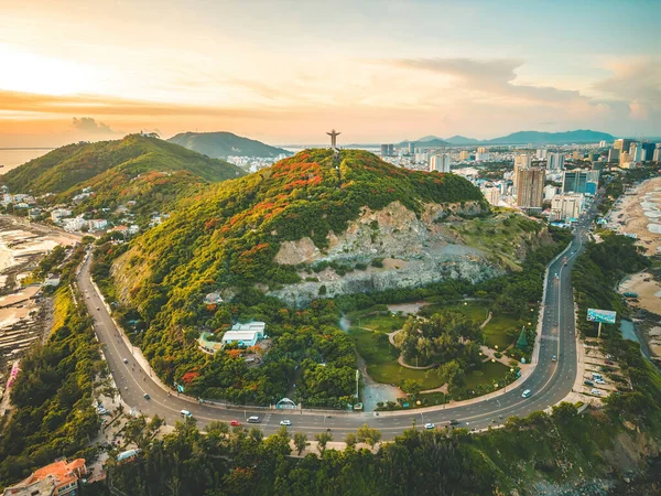 Top view of Vung Tau with statue of Jesus Christ on Mountain . the most popular local place. Christ the King, a statue of Jesus. Travel concept.