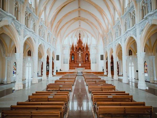 Interior of Song Vinh Church, also known as Parish Song Vinh which attracts tourists to visit spiritually on weekends in Vung Tau, Vietnam. Song Vinh Church have construction building look like France