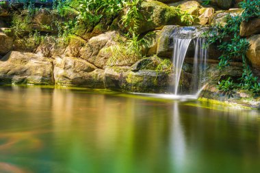 Japanese garden waterfalls. Lush green tropical Koi pond with waterfall from each side. A lush green garden with waterfall cascading down the rocky stones. Zen and peaceful background.