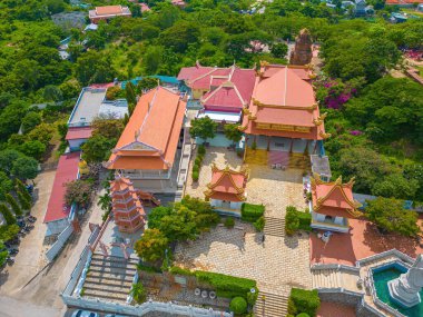 Aerial view Buu Son Buddhist Temple near the Poshanu or Po Sahu Inu Cham Tower in Phan Thiet city in Vietnam.which attracts tourists to visit spiritually on weekends.