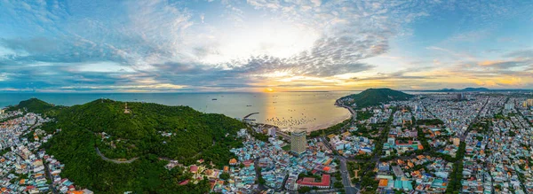 Vung Tau City Aerial View Beautiful Sunset Many Boats Panoramic — Stock Fotó