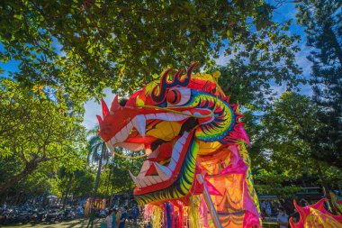 A head of Chinese Dragon dance in the Chinese new year festival. Lion and dragon dance during Chinese New Year celebration. Group of people perform a traditional lion dance.