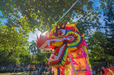 A head of Chinese Dragon dance in the Chinese new year festival. Lion and dragon dance during Chinese New Year celebration. Group of people perform a traditional lion dance.