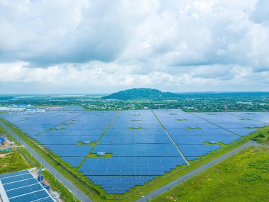 Top view of Solar panels on farm. Alternative source of electricity. solar panels absorb sunlight as a source of energy to generate electricity creating sustainable energy
