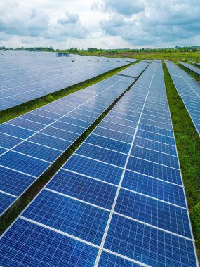Top view of Solar panels on farm. Alternative source of electricity. solar panels absorb sunlight as a source of energy to generate electricity creating sustainable energy
