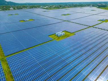 Top view of Solar panels on farm. Alternative source of electricity. solar panels absorb sunlight as a source of energy to generate electricity creating sustainable energy