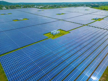 Top view of Solar panels on farm. Alternative source of electricity. solar panels absorb sunlight as a source of energy to generate electricity creating sustainable energy