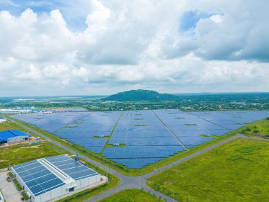 Top view of Solar panels on farm. Alternative source of electricity. solar panels absorb sunlight as a source of energy to generate electricity creating sustainable energy