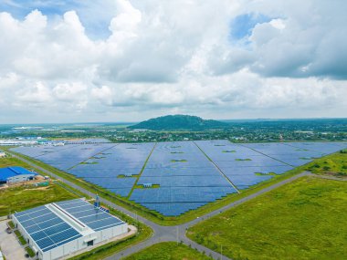 Top view of Solar panels on farm. Alternative source of electricity. solar panels absorb sunlight as a source of energy to generate electricity creating sustainable energy