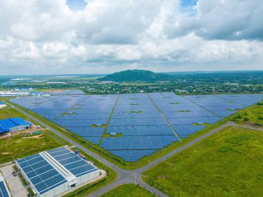 Top view of Solar panels on farm. Alternative source of electricity. solar panels absorb sunlight as a source of energy to generate electricity creating sustainable energy