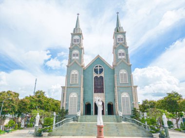 Top view of the Chanh Toa Church in Ba Ria Vung Tau. The light shines on the statue of the Virgin Mary.