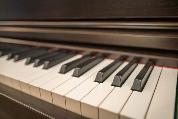 Piano keyboard background with selective focus. Warm color toned image. Classic grand piano keyboard close-up