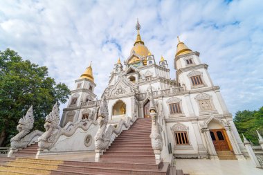 Ho Chi Minh City 'deki Buu Long Pagoda' nın hava manzarası. Vietnam 'da Ho Chi Minh şehrinde saklanmış güzel bir Budist tapınağı. Hindistan, Myanmar, Tayland, Laos ve Viet Nam 'ın karışık mimarisi.