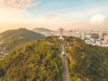 Top view of Vung Tau with statue of Jesus Christ on Mountain . the most popular local place. Christ the King, a statue of Jesus. Travel concept.
