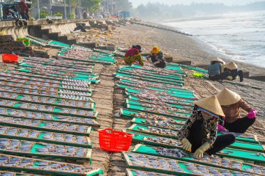 Top view fisherman in fishing village.They was drying fresh fish on a wooden grid for the market. Traditional dried croaker fish drying on racks. Lifestyle concept.
