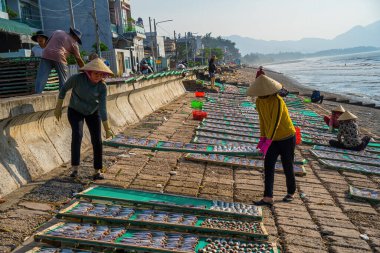 Vung Tau, VIETNAM - NOV 11 2022: Top view fisherman in fishing village.They was drying fresh fish on a wooden grid for the market. Traditional dried croaker fish drying on racks. Lifestyle concept.