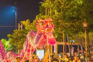 Lion and dragon dance perform celebration new year. Group of people perform a traditional lion dance and dragon dance.