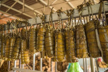 Focus Vietnamese Sticky Rice Cake (tet cake) hang in shelves after hard-boiled, Vietnamese traditional new year food. the most important food of Vietnamese lunar new year Tet.