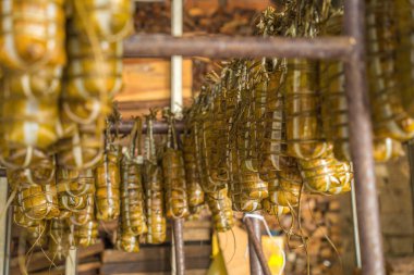 Focus Vietnamese Sticky Rice Cake (tet cake) hang in shelves after hard-boiled, Vietnamese traditional new year food. the most important food of Vietnamese lunar new year Tet.