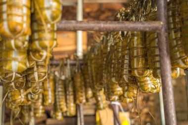 Focus Vietnamese Sticky Rice Cake (tet cake) hang in shelves after hard-boiled, Vietnamese traditional new year food. the most important food of Vietnamese lunar new year Tet.