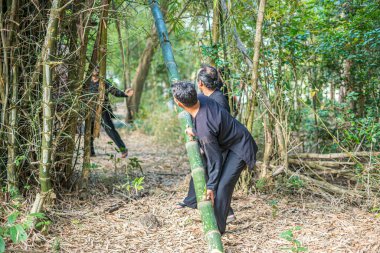 Focus group old man with traditional Vietnamese cut bamboo tree to prepare Neu Tree, The bamboo pole placed in front of house on the last day of the lunar year