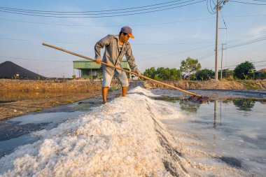 Vung Tau, VIETNAM - 25 Şubat 2023: Long Dien kırsal kesiminde tuz deposundaki tuz yığınından yapılan deniz tuzu işlemi. Tuz tarlaları Vietnam 'ın en eşsiz yerlerinden biridir.