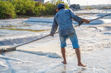 Vung Tau, VIETNAM - 25 Şubat 2023: Long Dien kırsal kesiminde tuz deposundaki tuz yığınından yapılan deniz tuzu işlemi. Tuz tarlaları Vietnam 'ın en eşsiz yerlerinden biridir.