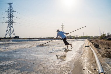 Vung Tau, VIETNAM - 25 Şubat 2023: Long Dien kırsal kesiminde tuz deposundaki tuz yığınından yapılan deniz tuzu işlemi. Tuz tarlaları Vietnam 'ın en eşsiz yerlerinden biridir.