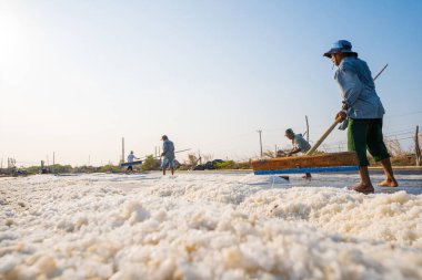 Vung Tau, VIETNAM - 25 Şubat 2023: Long Dien kırsal kesiminde tuz deposundaki tuz yığınından yapılan deniz tuzu işlemi. Tuz tarlaları Vietnam 'ın en eşsiz yerlerinden biridir.