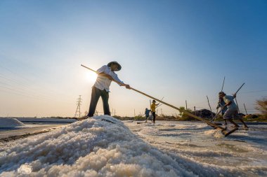 Vung Tau, VIETNAM - 25 Şubat 2023: Long Dien kırsal kesiminde tuz deposundaki tuz yığınından yapılan deniz tuzu işlemi. Tuz tarlaları Vietnam 'ın en eşsiz yerlerinden biridir.