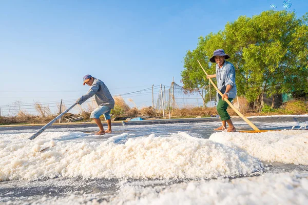 Vung Tau, VIETNAM - 25 Şubat 2023: Long Dien kırsal kesiminde tuz deposundaki tuz yığınından yapılan deniz tuzu işlemi. Tuz tarlaları Vietnam 'ın en eşsiz yerlerinden biridir.